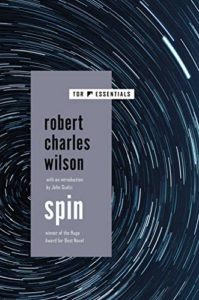 mind-boggling sci-fi readers will love spin by robert charles wilson book cover with star trails swirling around the title.