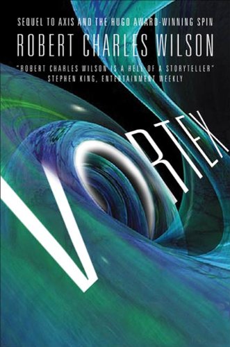 Vortex by Robert Charles Wilson book cover is a black hole as the O in the word vortex